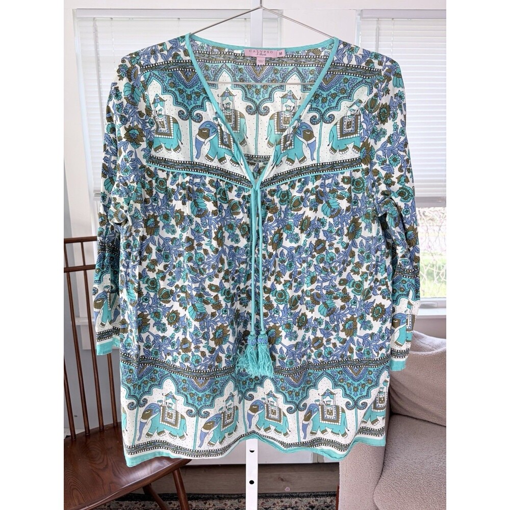 CALYPSO St Barth Jael Blue Green Cotton Elephant Motif Blouse Top Size M